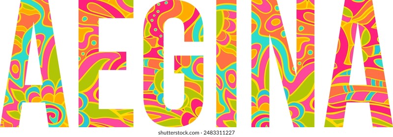 Aegina island text title with floral doodle pattern. Unique place name vector design, use for article header, merch print, travel blog, postcard, wall art print  	