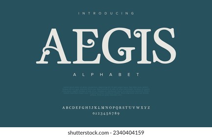 Aegis premium luxury elegant alphabet letters and numbers. Elegant wedding typography classic serif font decorative vintage retro. Creative vector illustration