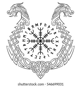 Aegishjalmur, Helm of awe (helm of terror), Icelandic magical staves and the Scandinavian pattern in the form of a dragon boat, drakkar, isolated on white, vector illustration