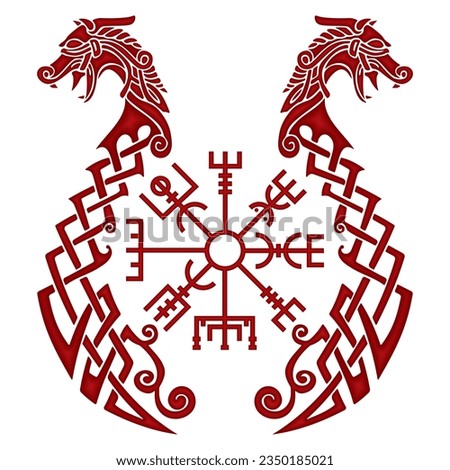 Aegishjalmur, Helm Of Awe (Helm Of Terror) Vector Illustration. , Icelandic Magical Staves. Dragon Boat, Drakkar Isolated On A White Bacground