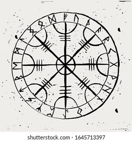 Aegishjalmur. Scandinavian runic amulet with a futhark in a circle. Symbol of protection. Helmet of Horror.