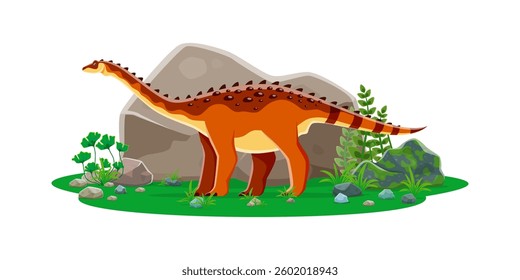 Aegyptosaurus prehistoric dinosaur cartoon character. Isolated vector titanosaurian sauropod dino from Late Cretaceous period. Ancient long necked herbivore reptile animal at lush landscape with rocks