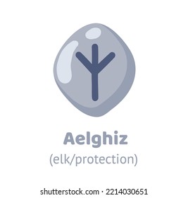 Aelghiz rune, runic inscription engraving on grey stone. Elk, protection symbol. Magic, witchcraft, game element. Nordic alphabet, viking letter. Hand drawn flat vector illustration.