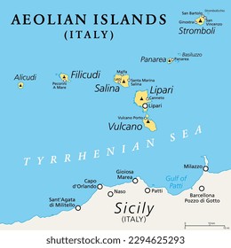 Äolische Inseln, Italien, politische Landkarte. Vulkanischer Archipel im Tyrrhenischen Meer nördlich von Sizilien. Manchmal nennt man Lipari-Inseln. Lipari, Vulcano, Salina, Stromboli, Filicudi, Alicudi und Panarea.