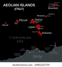 Äolische Inseln in Italien, dunkle politische Karte. Vulkanische Inselgruppe im Tyrrhenischen Meer nördlich von Sizilien. Auch Liparische Inseln genannt. Lipari, Vulcano, Salina, Stromboli, Filicudi, Alicudi und Panarea.