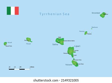 Aeolian Islands (Italy) map. Vector illustration