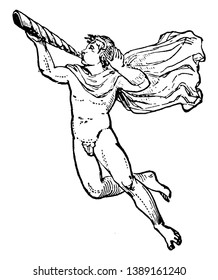 Aeolos was a minor deity and considered as custodian of four winds according to Greek mythology. He used to blow his horn and release wind as per directions given to him by Gods, vintage line drawing