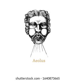 Aeolus, God keeper of the winds hand drawn in engraving style. Vector retro graphic illustration of astrological deity Astraeus.