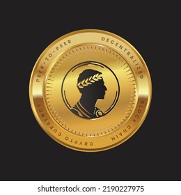 Logo de AERA Cryptocurrency en concepto de color negro sobre moneda de oro. Símbolo de la tecnología de la cadena de bloqueo de Wi-Fi del aerario. Ilustración vectorial para banner, fondo, web, impresión, artículo.