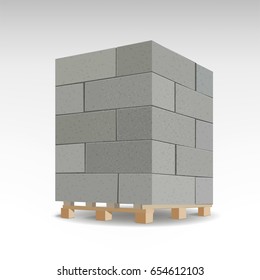 Aerated Concrete Block, Modern Building Material Wall, The Air With Concrete And Lime. Isolated Foam Concrete On Pallets. Vector Illustration