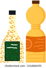 Aerated sweet drink, sparkling fruit-flavored beverage. Set of plastic bottles with lemonades, fizzy drinks. Sweet soft drink, carbonated liquid. Soda vector illustration