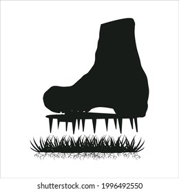 Aerator shoes with metal spikes isolated on white background. Lawn aerator shoes silhouette. Lawn spikes shoes. Garden tool for  aeration. Aerating spikes heavy duty spiked shoes for lawn care. Vector