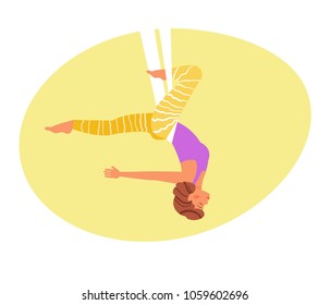 Aerial acrobatics. Yoga in the hammocks Vector. Cartoon. Isolated art on white background. Flat