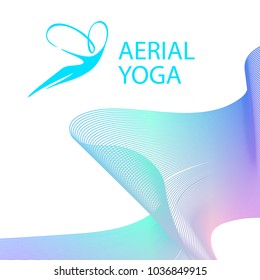 Aerial antigravity yoga. Abstract silhouette woman, girl with butterfly wing. 