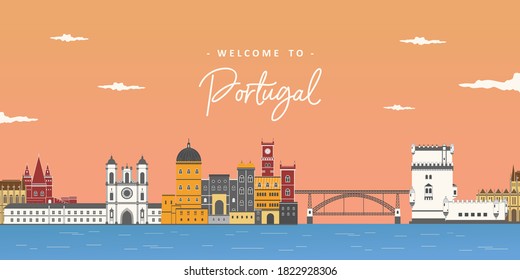 Aerial beautiful view in Portugal. Stylish colorful landmarks. Alcobaca Monastery, Pena palace, Dom Luís I Bridge and Belem Tower. It is good for travel destination. Journey around the world