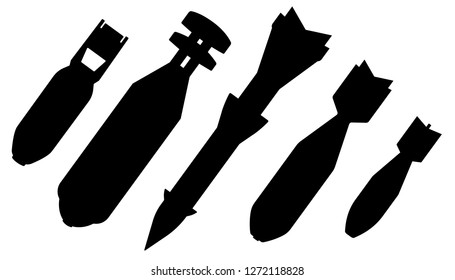 Aerial Bomb, Set Vector Silhouette. Air Aviation Aircraft Bomb, Ballistic Missile, Nuclear Weapon