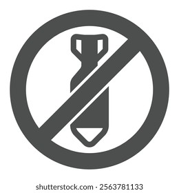 Aerial bombing forbidden solid icon, stop war concept. Vector graphics. Aviation rocket bomb prohibited sign on white background, glyph style icon for mobile or web design