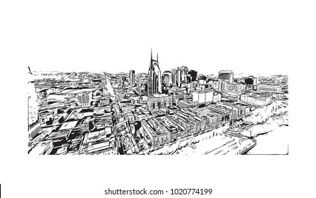 Aerial city view of Nashville, Tennessee, USA. Hand drawn sketch illustration in vector.