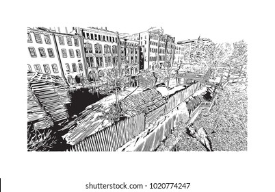 Aerial city view of Nashville, Tennessee, USA. Hand drawn sketch illustration in vector.