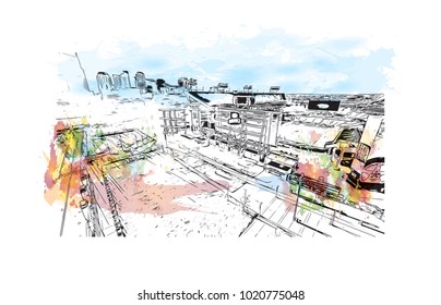 Aerial city view of Nashville, Tennessee,USA. Watercolor splash with hand drawn sketch illustration in vector.