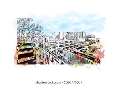Aerial city view of Nashville, Tennessee,USA. Watercolor splash with hand drawn sketch illustration in vector.