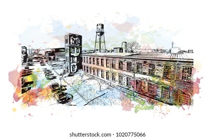 Aerial city view of Nashville, Tennessee,USA. Watercolor splash with hand drawn sketch illustration in vector.
