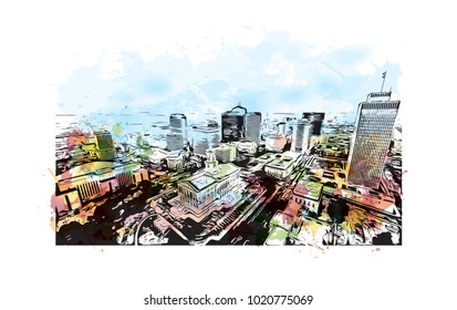 Aerial city view of Nashville, Tennessee,USA. Watercolor splash with hand drawn sketch illustration in vector.