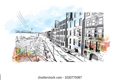 Aerial city view of Nashville, Tennessee,USA. Watercolor splash with hand drawn sketch illustration in vector.