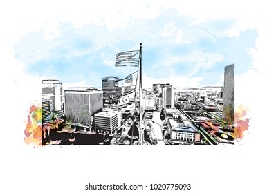 Aerial city view of Nashville, Tennessee,USA. Watercolor splash with hand drawn sketch illustration in vector.