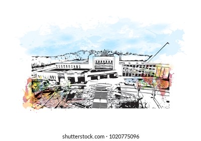 Aerial city view of Nashville, Tennessee,USA. Watercolor splash with hand drawn sketch illustration in vector.