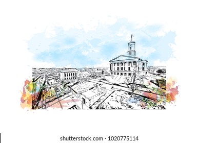 Aerial city view of Nashville, Tennessee,USA. Watercolor splash with hand drawn sketch illustration in vector.