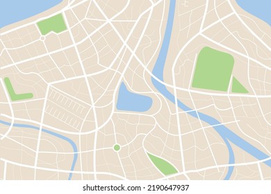 Aerial clean top view of the night time city map with street and river, Blank urban imagination map, GPS map navigator concept, vector illustration