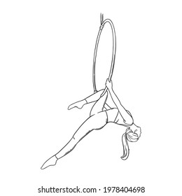 Aerial dancer hanging in the hoop. Aerial acrobat isolated in white background. Sketch vector illustration