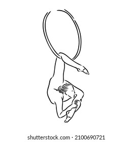 Aerial dancer hanging in the hoop. Aerial acrobat isolated in white background. Sketch vector illustration