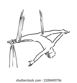 Aerial dancer hanging in the hoop. Aerial acrobat isolated in white background. Sketch vector illustration