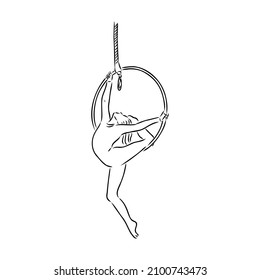 Aerial dancer hanging in the hoop. Aerial acrobat isolated in white background. Sketch vector illustration