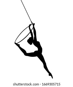 Aerial dancer silhouette vector illustration. Woman or girl performing on hoop.