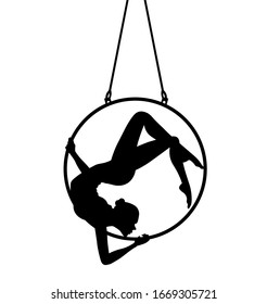 Aerial dancer silhouette vector illustration. Woman or girl performing on hoop.