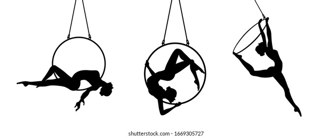 Aerial dancer silhouette vector illustration. Woman or girl performing on hoop.