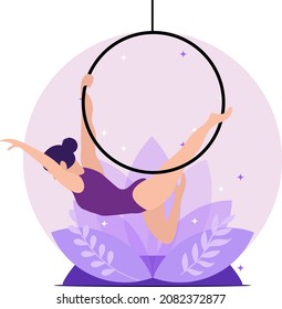 Aerial dancer vector illustration. Woman performing on hoop. Aerial acrobat in the ring. A young girl performs the acrobatic elements in the air ring.