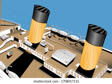 Aerial deck view bow, transatlantic sailing in the ocean. Big cruise transatlantic. Old big passengers ship. Detailed vintage famous sunken transatlantic. First class passengers. Vector illustration.