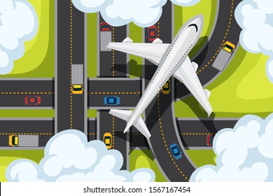 Aerial design with roads and airplane flying illustration