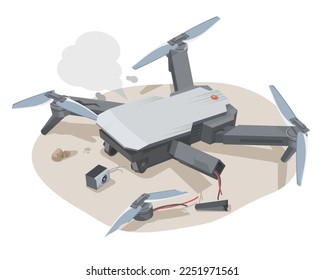 Aerial Drone Vorsicht Unfall Sturz Crash fehlgeschlagen Problem in Anfänger Ausbildung Zeiten Illustration isometrische einzelne Vektorgrafik