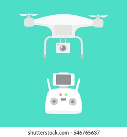 Aerial drone with camera for making photo or video. Drone's remote with smartphone on it to control.
