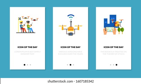 Aerial drone flat icon set. Pilot, quadcopter, remote control. Surveillance, recording video, transportation concept. Vector illustration symbol elements for web design