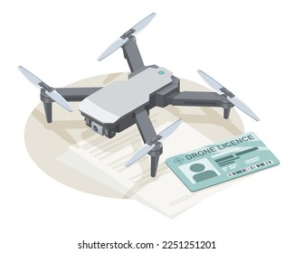 Aerial Drone Fly Pilot License with Dual Camera Photo and Video RC Modern grey color WIFI Flight Parking illustration isometric isolated vector