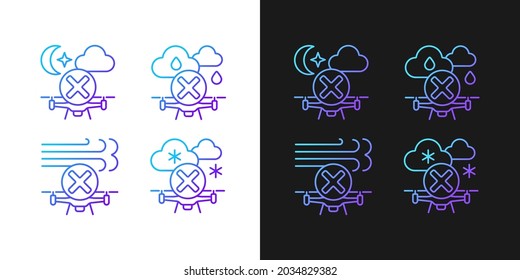 Iconos de etiqueta manual de gradiente de drones aéreos establecidos para el modo oscuro y luminoso. Conjunto de símbolos de contorno de línea delgada. Colección de ilustraciones de contorno vectorial aislado en blanco y negro para instrucciones de uso del producto