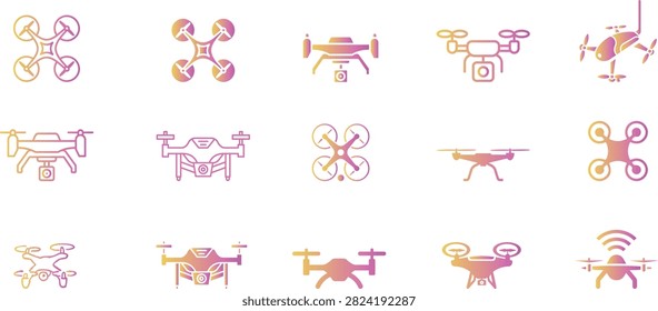 Aerial Drone Icon set Vector Quadcopter UAV Flying Camera Remote Aviation Technology Surveillance Photography Symbol Minimal Graphic Design Isolated Illustration with transparent background.