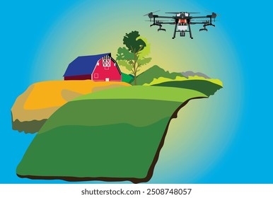 Aerial drone mapping for agriculture. Modern farm with technology. Professional drone flying over farmland