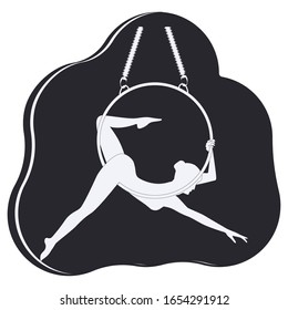 Aerial exercises on the ring - white silhouette of a lady on a black background - isolated - vector. Female aerobics. Fitness Acrobatics